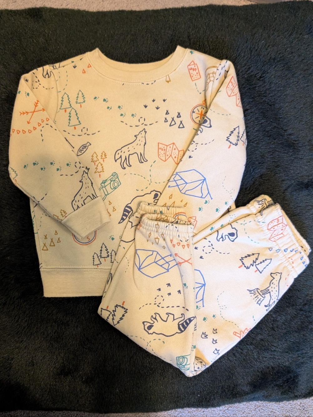 Garanimals Cream Jogger Sweatshirt Set with Animal Camp Print Wolf Raccoon Trees